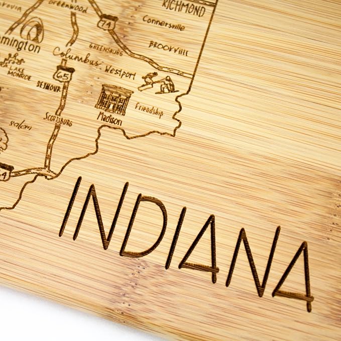 Totally Bamboo A Slice of Life Indiana Engraved Map Cutting Board | 11” x 8.75” charcuterie board with engraved state map artwork. Smooth reverse side for food prep. Hang tie for wall display.