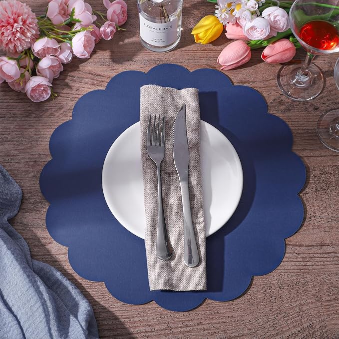 60 Pcs Navy Blue Paper Placemats, 13.5 Inch Disposable Scalloped Place Mat | Round Table Place Mats Decorative Paper for Fathers Day Birthday Wedding Banquet Holiday