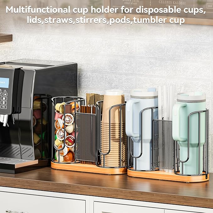 Coffee Cup and Lids Holder - 8oz-24oz Disposable Cups Organizer Wooden Base | Plastic Paper Cup Dispenser Straw Storage for Countertop Coffee Station Bar Restaurant Office Breakroom Shop Kitchen