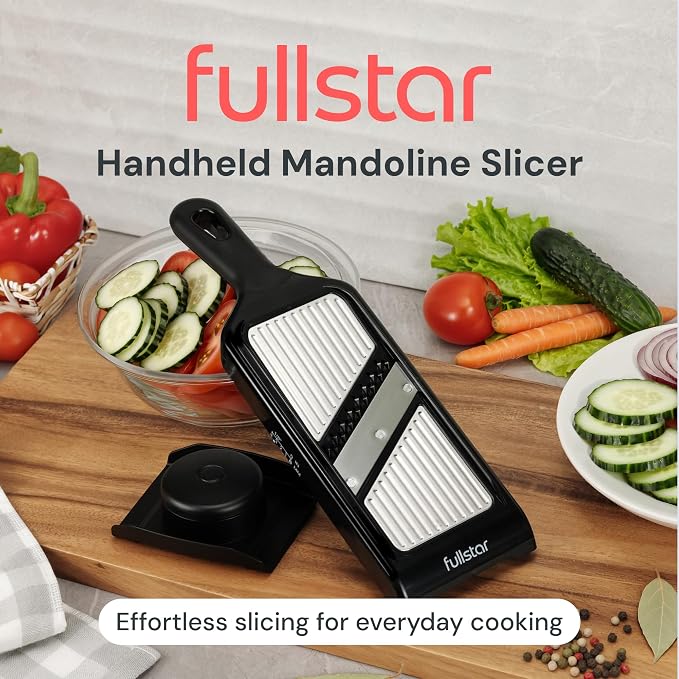 Fullstar - Handheld Mandoline Vegetable Slicer & Julienne Cutter | 2 in 1 Onion, Veggie & Fruit Slicer, 4 Thickness Settings with Finger Guard for Easy & Safer Slicing (Stainless Steel)