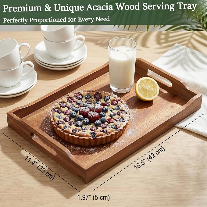 Acacia Wood Serving Tray with Handles, Rectangular Wooden Ottoman Tray for Coffee Table, Breakfast in Bed, Drinks, Kitchen Countertop and Home Decor