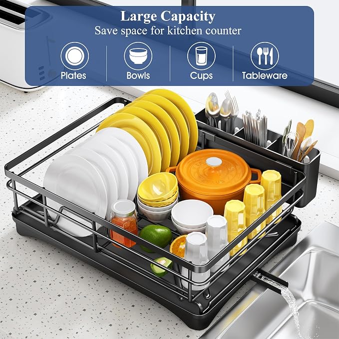 SNTD Dish Drying Rack for Kitchen Counter, 11.8" W x 16.7" L, Black | Rustproof Stainless Steel, Large Capacity, Self-Draining Drainboard, Rotating Spout, Removable Utensil Holder