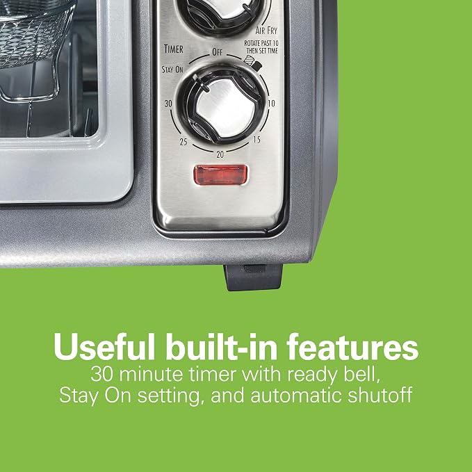 Hamilton Beach Easy Reach 6 Slice Countertop Air Fryer Toaster Oven Combo | Roll-Top Door For Easy Access | Bake, Broil & Toast Functions | 150 to 450ºF Adjustable Temp | Auto Shutoff | Stainless Steel