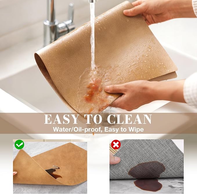 Roxifina Faux Leather Placemats Set of 6 - Vinyl Placemats Wipeable Waterproof Oil-Proof PU Place Mats Heat Resistant Reversible Table Mats for Dining, Kitchen, Outdoor, 12 x 17 Inch (Camel)