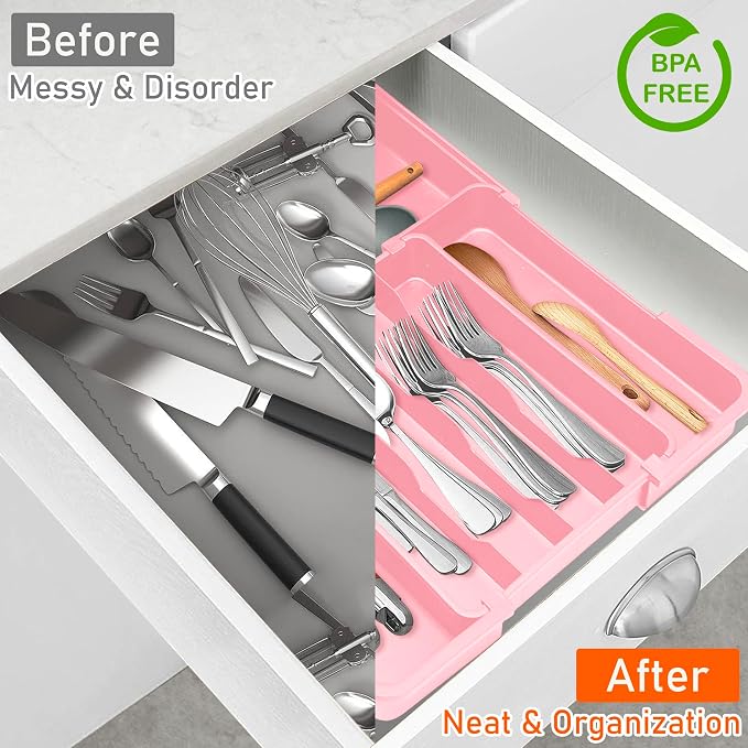 Silverware Organizer - Expandable Silverware Drawer Organizer, Adjustable Drawer Organizer, Silverware Tray for Drawer 15.2"x 19" Utensil Drawer Organizer, Kitchen Organizers Storage, Pink