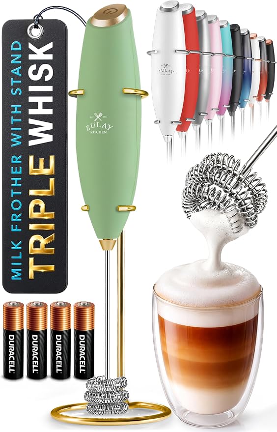 Zulay Kitchen Powerful Milk Frother Wand With Duracell Batteries - Ultra Fast Handheld Drink Mixer - Electric Whisk Foam Maker for Coffee, Lattes, Cappuccino & Matcha - Triple Whisk - Olive Gold