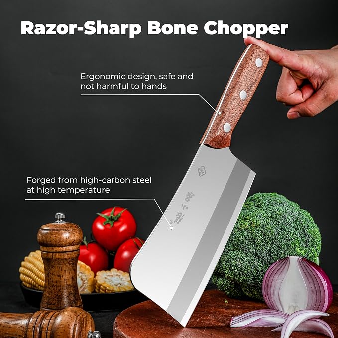 Heavy Duty Butcher Knife Made of High Carbon Stainless Steel, Professional Chinese Cleaver Knife for Cutting Bones, Ultra Sharp Bone Chopper