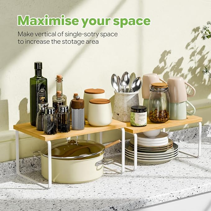 Ekisemio Kitchen Cabinet Organizer, Bamboo Spice Rack Organizer for Cabinet, Stackable & Expandable Counter Shelves, Set of 4, White and Natural