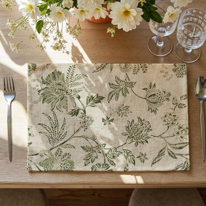 JINCHAN Sliva Linen Floral Placemats Set of 4 Farmhouse 13x19 Sage Green | Fabric Placemats, Cottage Style, Painterly Floral Pattern, Machine Washable, Easy to Store, Reusable