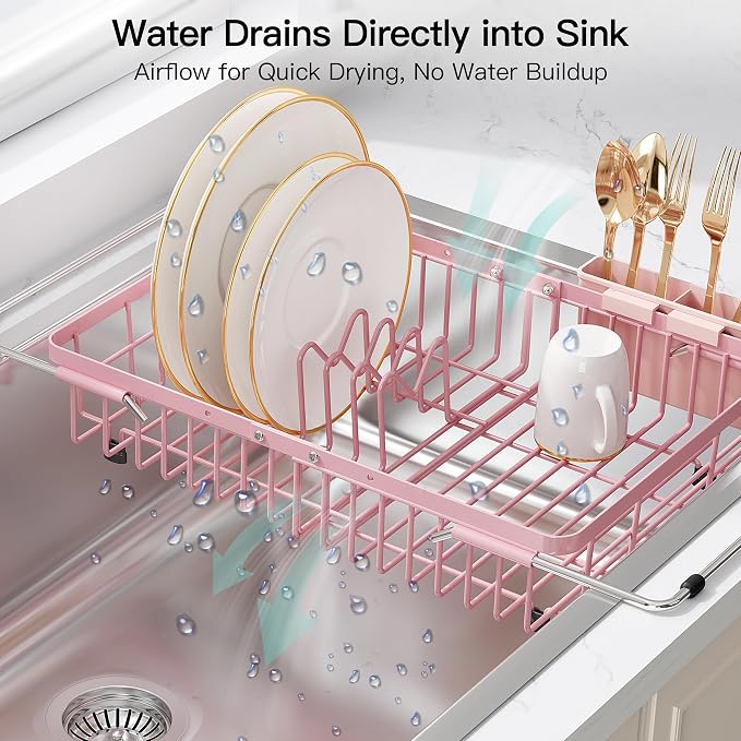 JASIWAY Pink Dish Drying Rack Over the Sink with Utensil Holder | Expandable Stainless Steel Dish Driainers for Small Kitchen, Counter Space Saving, Fast Drain, Rust Resistant, For Apartment