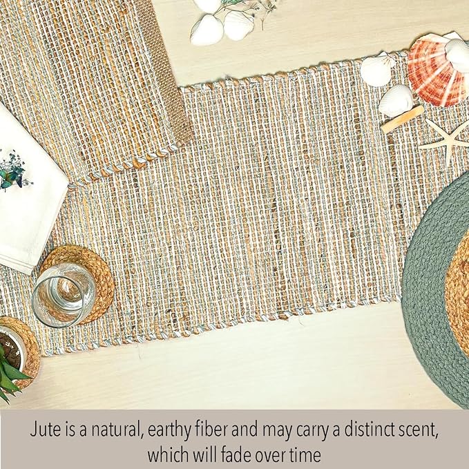 Natural Jute Table Runner, 13x90 Inch, Sage Green-White | Vintage Boho Rustic Decor, Handwoven, Farmhouse Dining, Console Table Accent