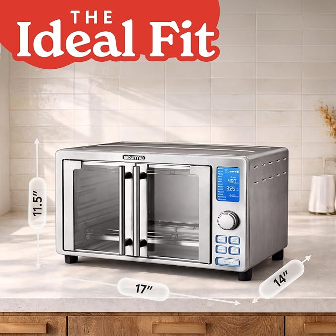 Gourmia Air Fryer French Door Toaster Oven - 6-Slice Capacity, LED Display with 14 Cooking Presets, Stainless Steel