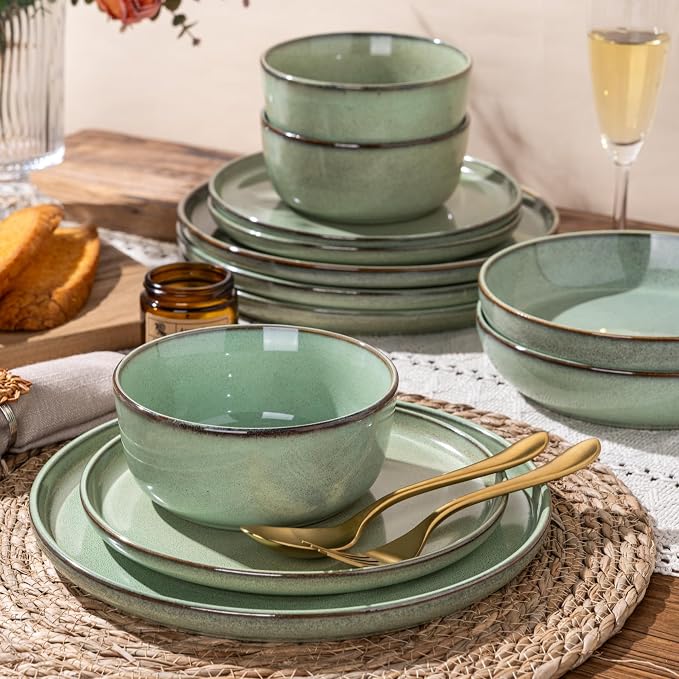 GBHOME Dinnerware Sets for 6, 24 Pieces Ceramic Plates and Bowls Set | Scratch Resistant Stoneware Dishes Set, Dishwasher & Microwave Safe, Reactive Glaze-Pastel Green