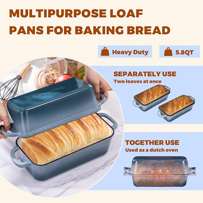 Cast Iron Loaf Pan with Lid, 11x5 Inch 5.8 Qt Sourdough Pan | Dutch Oven Bread Pan with lid, Large Cast Iron Loaf Pan for Sourdough Bread, 11x5 Size, 2-in-1 Design, Crispy Crust, Seasalt