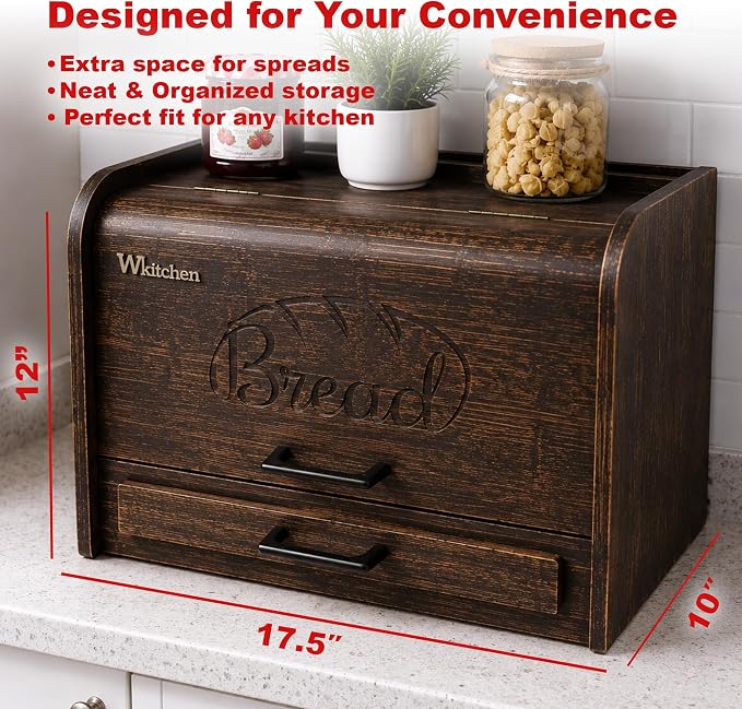 KNIFEPLANET Premium FULLY ASSEMBLED Rustic Bread Box – Extra Large Real Wood Bread Box for Kitchen Countertop Storage, Thick Durable Construction, Double Layer Design (17.5" x 10" x 12")