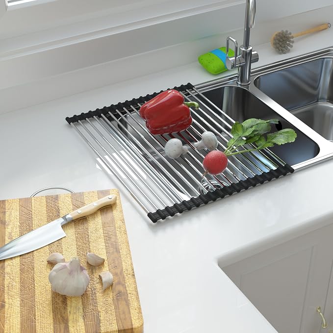 Expandable Roll Up Dish Drying Rack Over The Sink Rack, Foldable Dish Drainer Rack Stainless Steel for Large Sink, Silicone Rollable Collapsible Rack 18 Tube for Kitchen(Sliver,12'' to 21.14”)