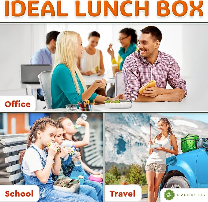 Stainless Steel Bento Box + Condiment Container - Orange, 27oz / 0.8 L | Everusely metal lunch box, leakproof sauce container, 3 compartment snack organizer for travel, freezer & dishwasher safe