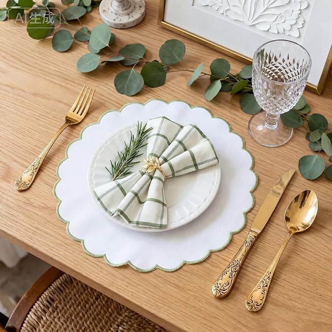 Set of 24 White Cotton Placemats 15" Round Scalloped Green | Double Layered Cotton Fabric, Washable Embroidery, Green Edge Edge, Rustic Table Mats for Wedding Dining Table Decor