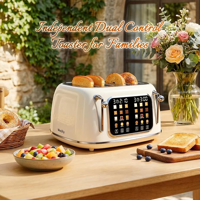Mecity Toaster 4 Slice, Touch Screen Wide Slot Retro Toaster For Breads Bagel Muffin Waffle, House Warming Gift New Home, 120V 1650W, Cream Color