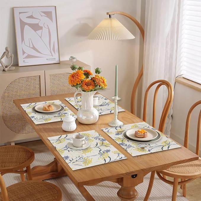 Floral Table Placemats Set of 4 Summer Flower Linen Cotton Washable Table Mats Heat Resistant Reusable Place Mat for Kitchen Dining 12x18 Inch