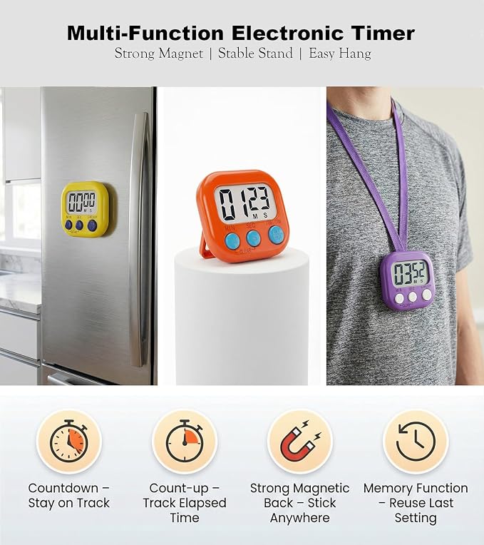 Digital Timer for Classroom Teachers Students, Magnetic Countdown Timer | Easy Timers for Kids Homework Study Kitchen Cooking Gym Game, 6 Pcs