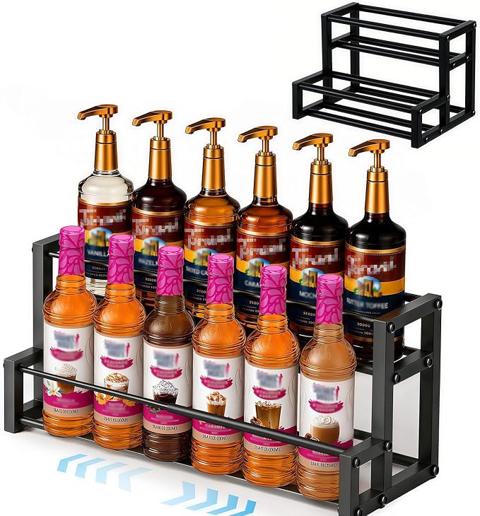 Gifhomfix Expandable Coffee Syrup Organizer, 2-Tier Heavy Duty Syrup Stand Holds 6 to 12 Syrup Bottles for Coffee Bar Accessories, Adjustable Width Bar Shelf, Wine Holder Countertop for Syrup, Wine
