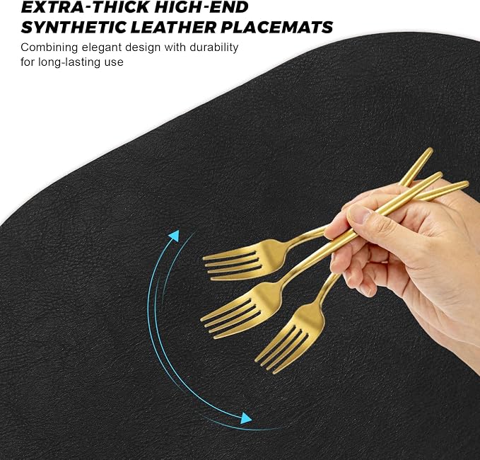 UnivoColors Placemats Round Faux Leather Placemats Set of 4-Waterproof-Wipe Clean-Heat Resistant-Anti Slip Dining Table Place Mats,Suitable for Indoor & Outdoor Use,15".Retro Black