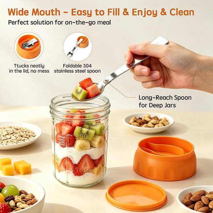 16oz Overnight Oats Containers with Lids & Folding Spoons, 4 Pack Glass Meal Prep Jars with Divided Compartments, Leakproof Airtight Mason Jars for Oatmeal Yogurt Parfait Fruit Snack