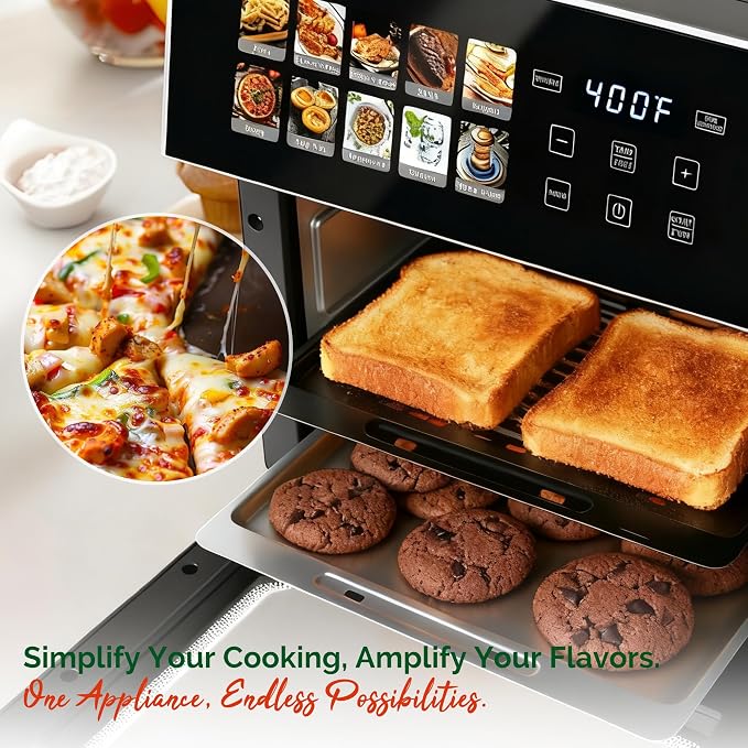 10QT Air Fryer Toaster Oven, Family Size Double-Cooking Combo | EASY CLEAN: Stainless Steel Interior oven; dual-layer rack allows simultaneous cooking for healthy family meals.