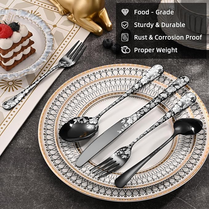 40 Piece Black Silverware Set, Stainless Steel Flatware Cutlery Set Service for 8, Mirror Polished Tableware Eating Utensils Set for Home Kitchen, Include Knife Fork Spoon Set, Dishwasher Safe