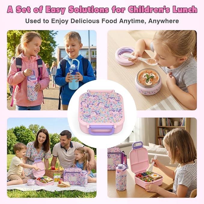 Bento Lunch Box for Kids with 7oz Soup Thermo,Insulated Stainless Steel Kids Water Bottle with Straw and Insulated Lunch Bag,Leak-Proof Lunch Food Container with Ice Pack for School(Pink-Horse)