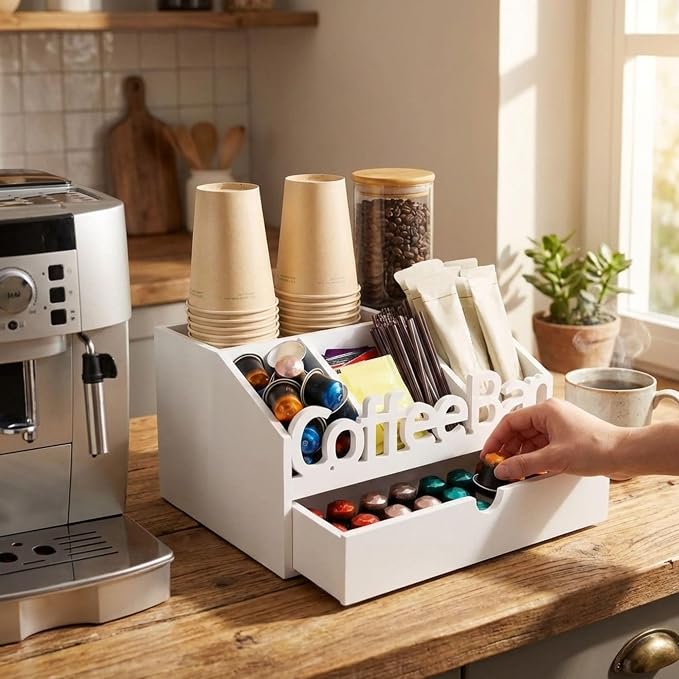 Coffee Bar Organizer Countertop,Wood Coffee Station with Drawer,Home&Office | K-Cups, Tea Bags, Sugar Packets & Creamers