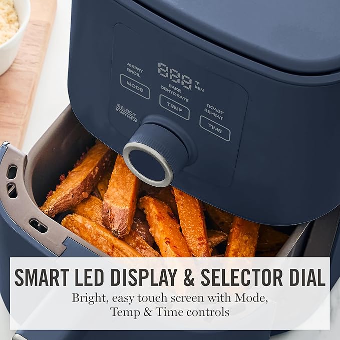 Martha Stewart 6-Quart Air Fryer, 6 Presets, Space Saving, Indigo Blue | 3lb Capacity, PFAS-Free Ceramic Nonstick Basket & Tray, Bake, Roast, Broil, Dehydrate, Reheat, Shake Reminder, Heat up to 400