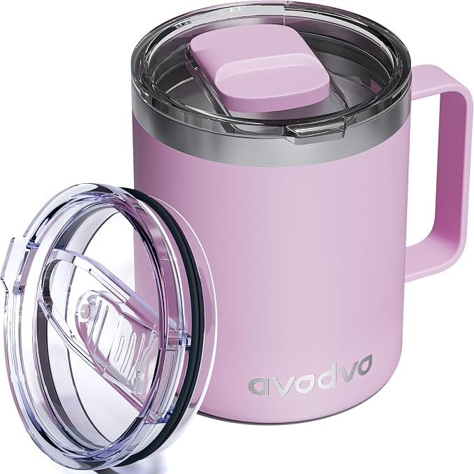 12oz Insulated Coffee Mug with Lid – Includes Two Lids, Stainless Steel Coffee Travel Mug with Handle, Double Wall Vacuum Insulated Camping Mug for Home, Office & Outdoor, Pink