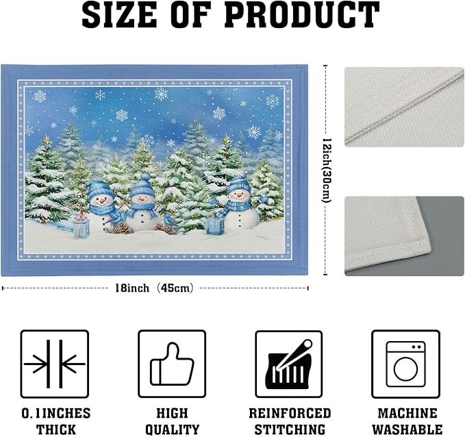 Winter Snowman Placemats Set of 4 - Watercolor Blue Decorative Snowflakes Green Pine Tree Table Mats 12 x 18 Inch Washable Heat Resistant Place Mat for Outdoor Kitchen Dining Decor