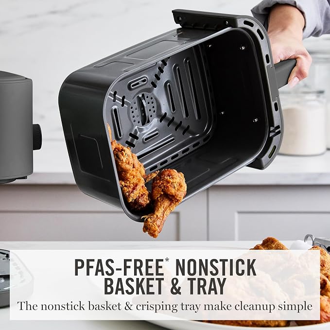 Martha Stewart 6-Quart Air Fryer, 6 Presets, Space Saving, Caviar Gray | 3lb Capacity, PFAS-Free Ceramic Nonstick Basket & Tray, Bake, Roast, Broil, Dehydrate, Reheat, Shake Reminder, Heat up to 400