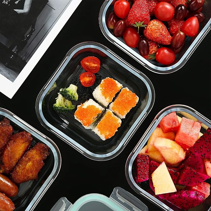 YEBODA Square Glass Containers with Lids for Food Storage, 28 oz, 4 Pack | Borosilicate glass meal prep set with 4-lock lids for sandwiches, lunches, leftovers, refrigerator and freezer storage