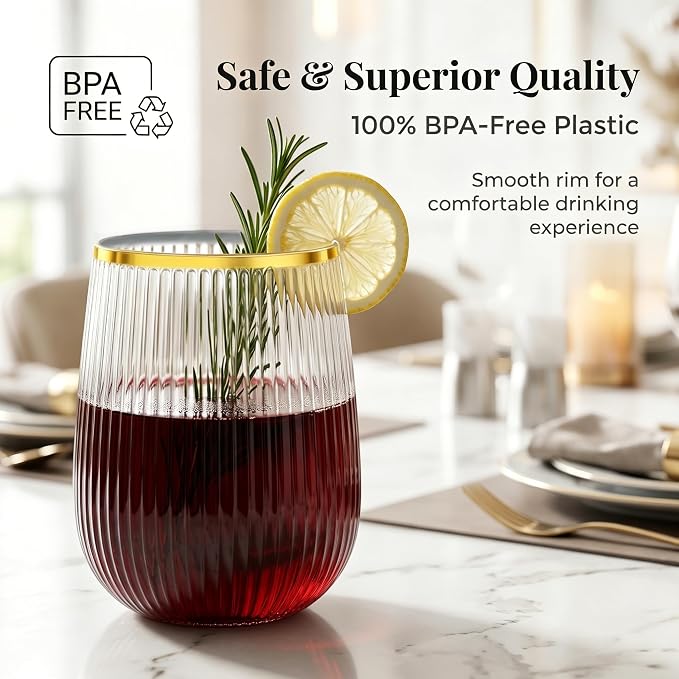 Lueumxc 48 Pack Plastic Wine Glasses Disposable Ribbed Champagne Flutes, 24 Pcs 9 OZ Stemless Champagne Flutes & 24 Pcs 15 OZ Disposable Wine Glasses, BPA-Free