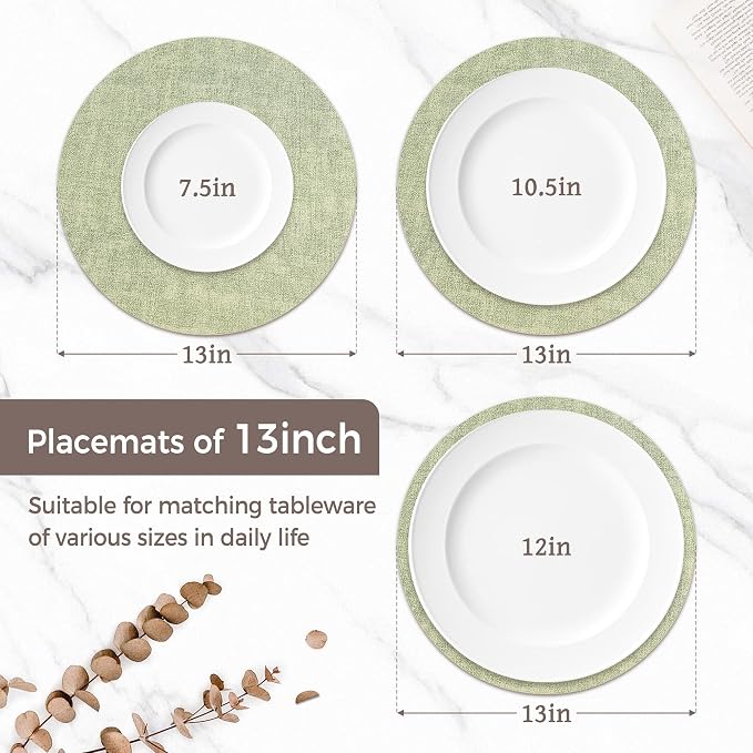 13" Round Placemats Set of 4, Reversible Faux Leather Wipeable Table Mats | 2mm Vinyl Heat Resistant Waterproof Oilproof Scratch Proof Non-Slip, Washable for Kitchen Dining Indoor Outdoor (Light Green)