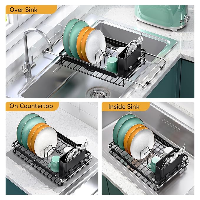 TOOLF Sink Small Dish Drying Rack with Utensil Holder for RV, Apartment | Over Sink Expandable Stainless Steel Dish Drainers for Compact Kitchen, Space Saving, Fast Drain, Rustproof, For 1-2 people