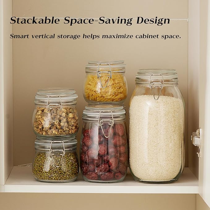 BJONKZ 6 Pack 17 oz Glass Jars with Airtight Lids – Food Storage Containers with Preserving Seal Wire Clip Fastening, Glass Canisters for Kitchen Canning Flour, Cereal, Sugar, Beans (17oz*6)
