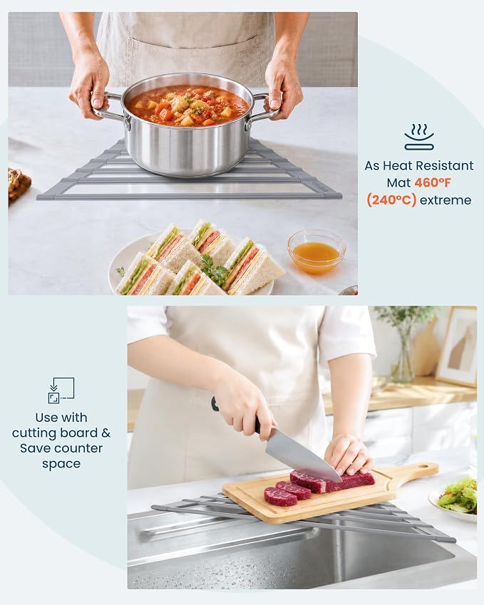 Ohuhu Triangle Roll Up Dish Drying Rack, Silicone Wrapped Steel Anti-Slip Sink Corner Rack Caddy Multipurpose Strainer for Kitchen Sink Trivet Space-Saving
