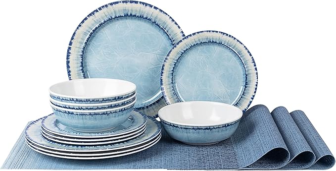 Melamine Dinnerware Set of 12 Pcs Dinner Dishes Set with 4 Placemats for Indoor and Outdoor Use, Dishwasher Safe, Lightweight Unbreakable, BPA Free, Light Blue