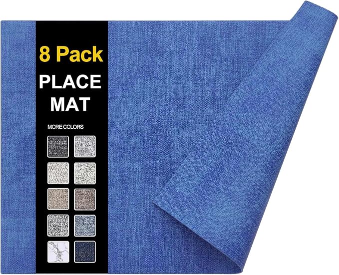 Faux Leather Heat Resistant Placemats 8 Packs, Waterproof Wipeable Dining PU Place Mats for Indoor & Outdoor, Easy to Clean, Sea Blue