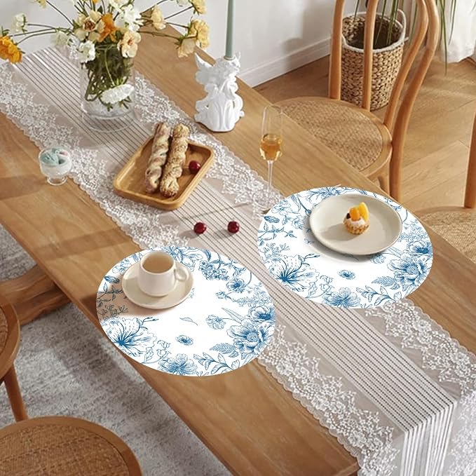 50 Pack Paper Placemats Disposable Blue and White Placemats 13.7 Inch Vintage Blue Floral Place Mats Decorative Chinoiserie Round Table Mats for Dinner Table Setting Birthday Wedding Party Supplies