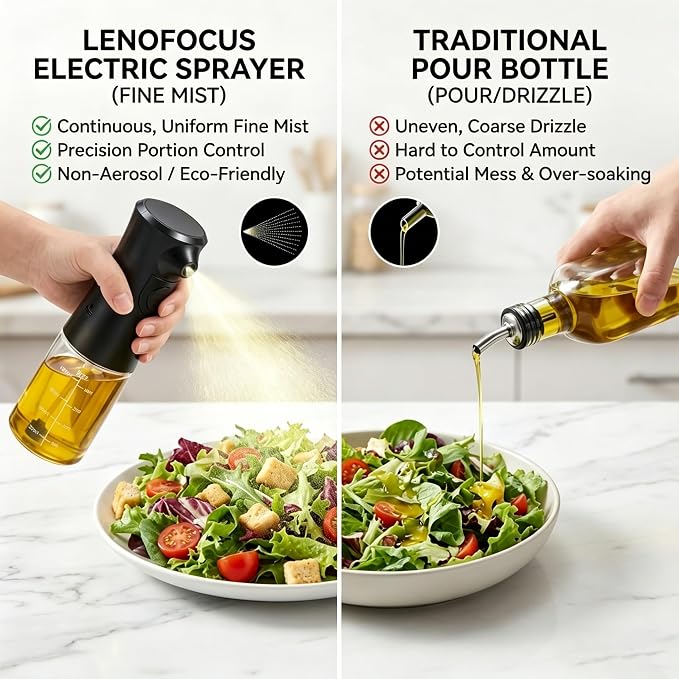 Electric Oil Sprayer for Cooking, Rechargeable Glass Olive Oil Mister, Battery Powered Continuous Fine Mist Spray Bottle for Air Fryer, Salad, BBQ, Kitchen - Uniform Spraying, Leak-Proof
