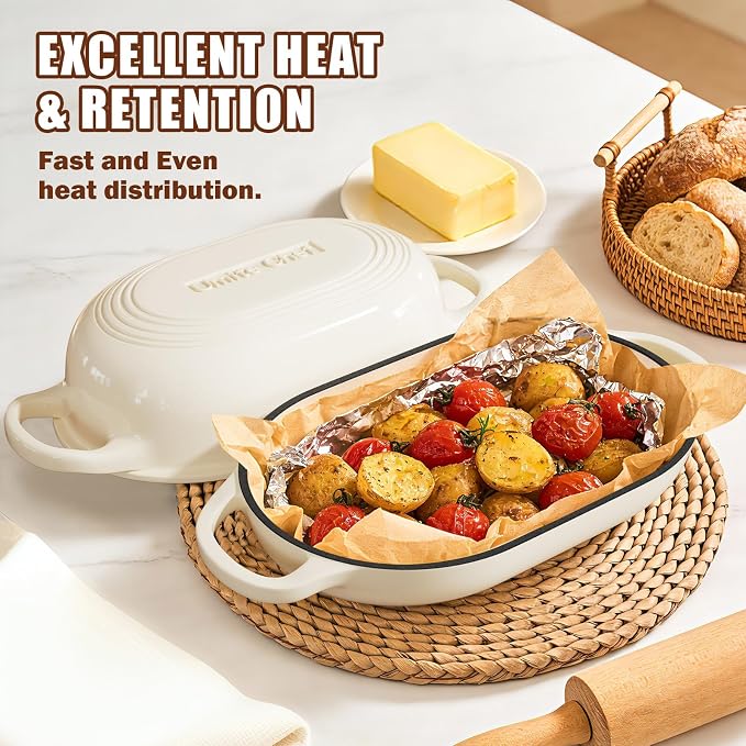 Enameled Cast Iron Dutch Oven for Bread Baking - incl. Sourdough Bread-Baking Supplies like Banneton Bread-Proofing Basket - 5QT Loaf Cast Iron Bread Oven Pan& Meatloaf Pan with Lid, Sour Sough Tools, Lame (Cream White）
