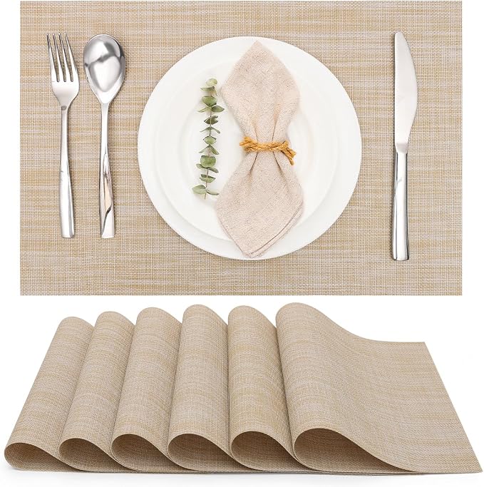 Myir JUN Placemats Set of 6 Kitchen and Dining Table Placemats | Vinyl Placemats Place Mats Indoor/Outdoor Set of 6 Washable Table Mats Non-Slip Place mats for Dining Table, Beige