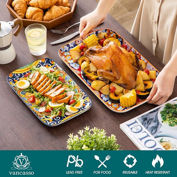 vancasso Serving Platters Set of 3, 16"/14"/12" In Rectangular Trays Boho | Ceramic Serving Dish for Entertaining Food, Microwave & Dishwasher Safe