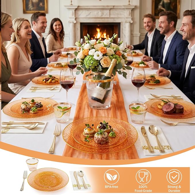 DaYammi 350PCS Clear Orange Plastic Dinnerware Set, Plastic Plates Disposable Hammered Disposable Plates for Party, Include: 50 Dinner Plates 50 Dessert Plates 150 Gold Silverware 50 Napkins 50 Cups